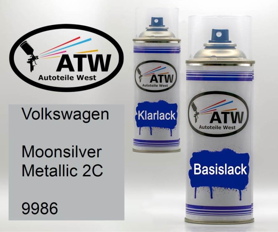 Volkswagen, Moonsilver Metallic 2C, 9986: 400ml Sprühdose + 400ml Klarlack - Set, von ATW Autoteile West.